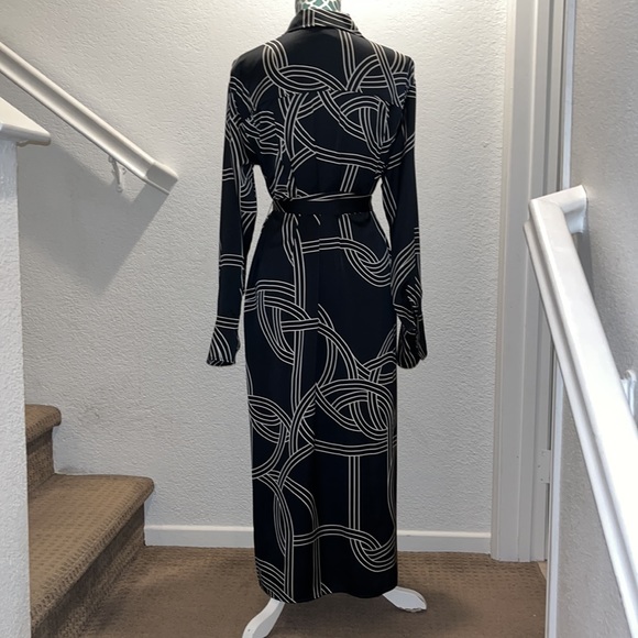 H&M Women’s Size Medium Long Satin Sheath Dress With Belt Black and White - Picture 3 of 14